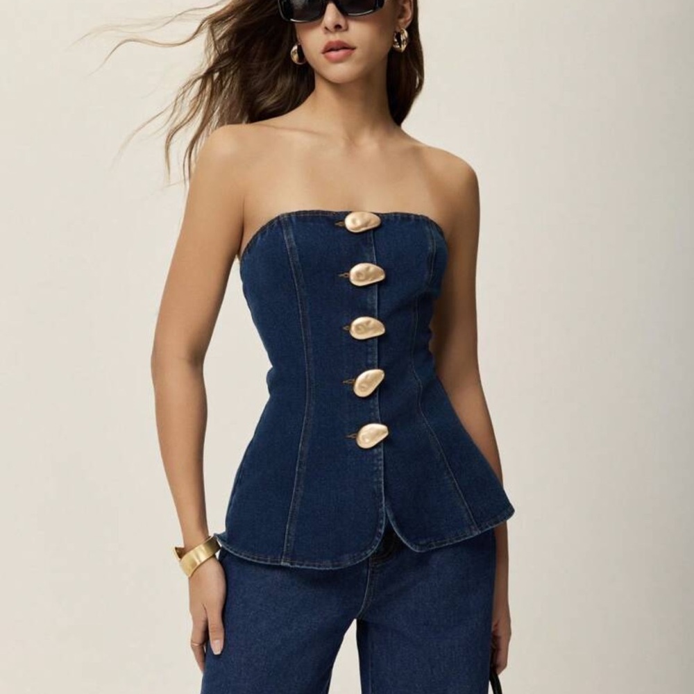 Women's Blue Denim Strapless Top